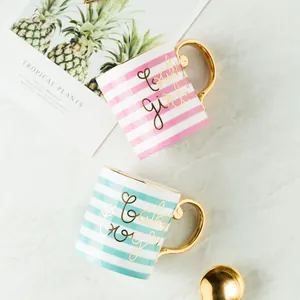 Nordic Creative Ceramic Mug Gold Handle Striped Porcelain Coffee Cup For Couples Valentine Gift Baby Boy Style