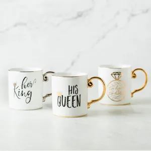 European ceramic diamond coffee mugs with gold rim and King/Queen themed inscriptions