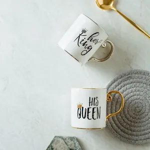 European ceramic couple mugs set with her King and HIS QUEEN gold crown printing