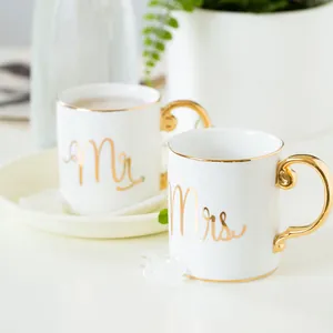 Luxury Gold Plated Ceramic Mug With European Handle Mr Mrs Lettering White Gold Coffee Cup Couple Wedding Gift