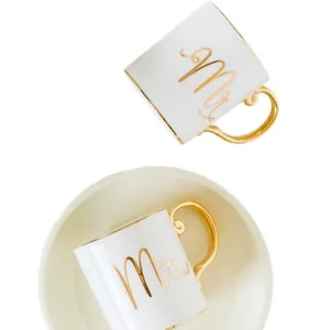 Elegant Mr and Mrs gold-handled ceramic couple mug set for coffee and afternoon tea