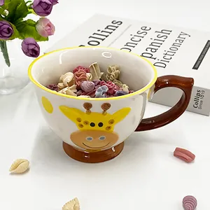 Cute ceramic Christmas deer mug with yellow handle for kids breakfast and milk