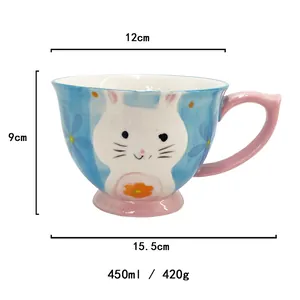 Macro shot of ceramic deer mug showing 12cm diameter and 450ml capacity specifications