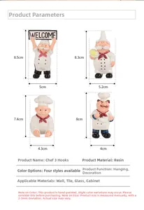 Detailed resin chef toothbrush hooks with specific height and width measurements