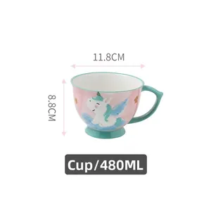 Detail view of unicorn ceramic mug showing dimensions 11.8cm wide, 8.8cm tall, and 480ml capacity