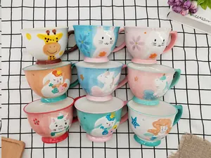 Detailed grid showing nine styles of 3D embossed ceramic mugs with animal handles