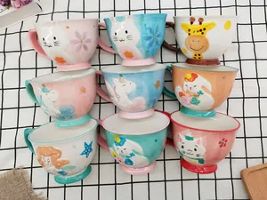 Detailed grid view of assorted ceramic mugs with hand-painted 3D cartoon animal relief