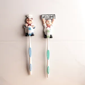 Cartoon Chef Wall Mounted Toothbrush Holder Resin Adhesive Hook Bathroom Storage Rack Cute Home Kitchen Decor Ornaments