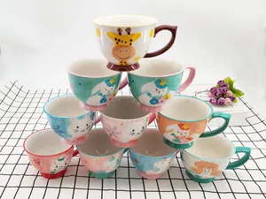Collection of six ceramic mugs featuring cartoon deer and animals with raised bases