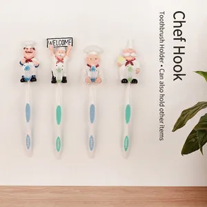 Cartoon chef toothbrush holders set of 4, wall-mounted resin hooks for bathroom decor