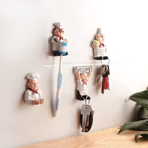 Cute cartoon chef wall mounted toothbrush holders and resin storage hooks set