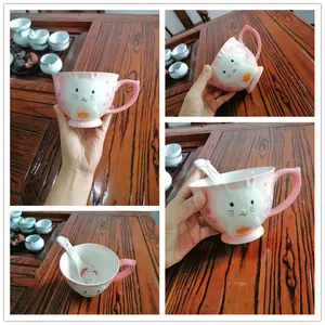 Detailed views of a pink ceramic mug with a 3D rabbit relief and matching spoon