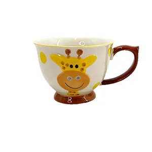 Hand-painted ceramic Christmas deer mug with cartoon giraffe print and brown handle