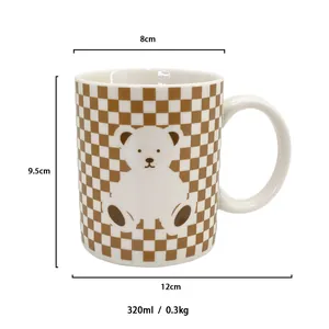 Detail showing dimensions of ceramic mug with bear pattern and checkerboard print
