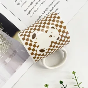 Ins Style Ceramic Mug Cute Cartoon Bear Checkerboard Pattern Breakfast Milk Coffee Cup With Handle Creative Gift Home Office
