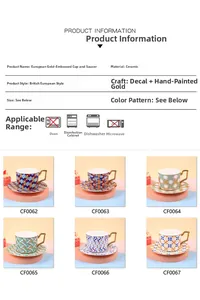 Detailed specs for British ceramic coffee cup sets with gold rim and floral patterns
