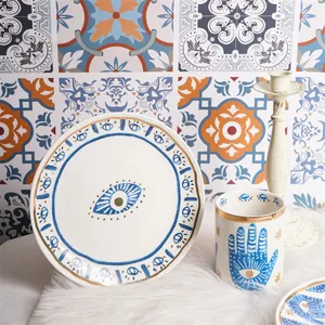 Set di stoviglie in ceramica Mano di Fatima e Occhio del Male con bordo dorato