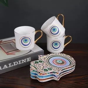 European Ceramic Coffee Cup And Saucer Gold Trim Evil Eye Hamsa Hand Pattern Exotic Afternoon Tea Drinkware Home Gift