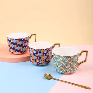 British style ceramic luxury coffee mugs with gold handles and geometric pattern set