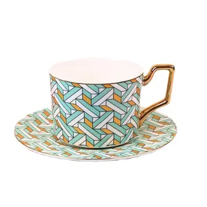British style ceramic coffee cup set with mint green geometric stripes and gold handle