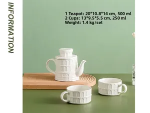 Detail of white ceramic tea set featuring embossed arch patterns and product dimensions