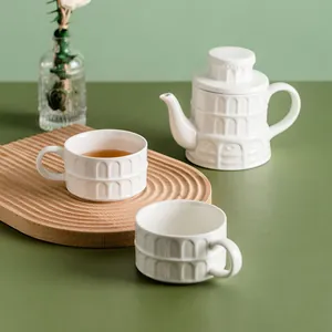 Creative Leaning Tower of Pisa Ceramic Tea Set White Architectural Relief Teapot and Cups Home Office Afternoon Tea Gift Set