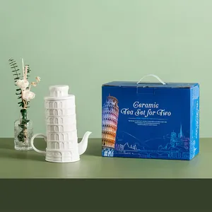 Leaning Tower of Pisa ceramic tea set for two with a stylish blue gift box packaging