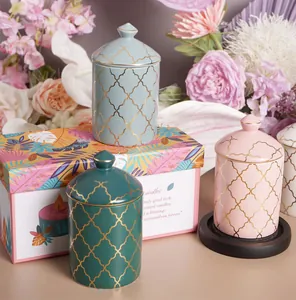Modern Ceramic Candle Jar With Lid Geometric Gold Quatrefoil Pattern Decorative Storage Canister For Home Accents Or Gift