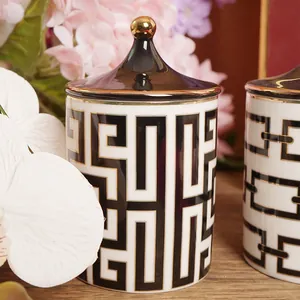 Pot à bougie en céramique blanche moderne avec motifs géométriques grecs noir et doré
