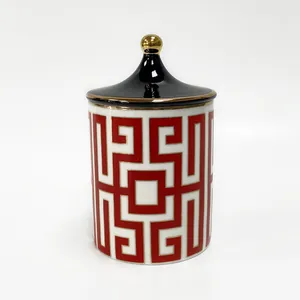 Pot à bougie en céramique géométrique avec motif H rouge et couvercle doré