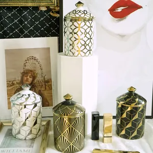 Nordic Art Deco Ceramic Storage Jar With Lid Geometric Gold Silver Pattern Candle Jar For Jewelry Storage Home Decor Gift