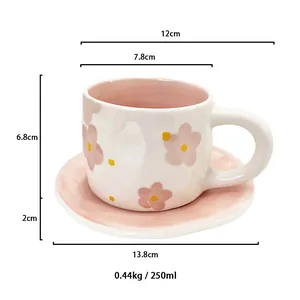Detailed dimensions of a 250ml ceramic coffee cup and saucer set with floral patterns