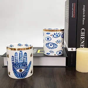 Keramik-Kerzengläser mit blauem Auge-Muster und Goldrand als Heimdekoration