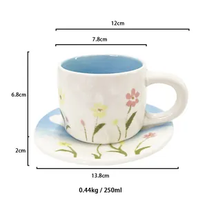 Floral ceramic coffee cup and saucer set with 250ml capacity and hand-painted flowers