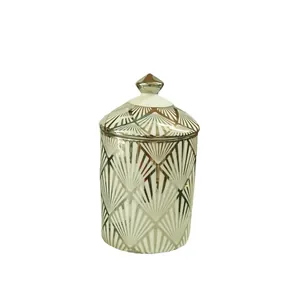 Modern geometric scented candle jar with silver pattern and conical lid handle