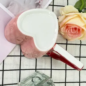 Nordic heart-shaped ceramic coffee mug with pink marble texture and gold floral details