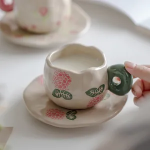 Vintage Ceramic Coffee Cup And Saucer Set French Hand Painted Floral Cream Style Irregular Wavy Edge Donut Handle Latte Mug