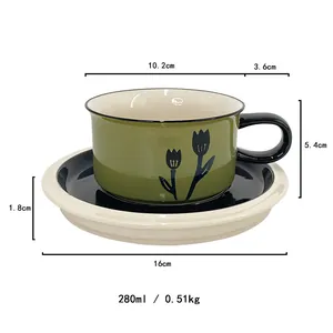 Detailed size specifications for vintage avocado green ceramic coffee cup and saucer set
