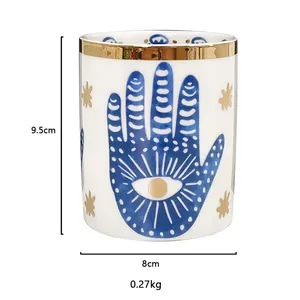 Keramik-Kerzenglas mit Hamsa-Muster, Goldrand und blauem Auge, 9,5 cm Höhe