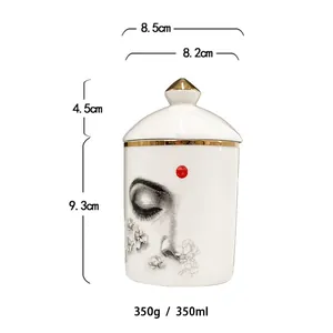 Pot à bougie en céramique blanche de 350ml avec bordure dorée et motif floral