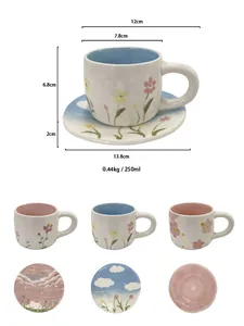 Macro detail of hand-painted floral ceramic cup and saucer with dimension measurements