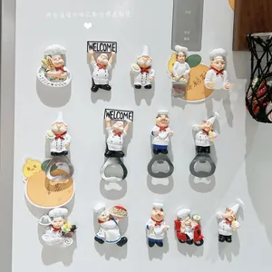 Detail of creative chef figurines with magnetic bottle openers on a fridge surface