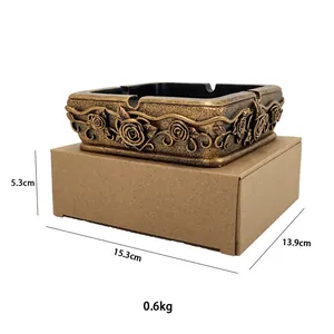 Detailed view of vintage gold rose relief ashtray with dimensions and weight specs