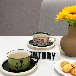 French vintage ceramic coffee cup and saucer set with floral tulip hand-painted patterns