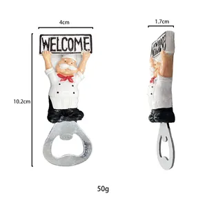 Close-up of resin chef bottle opener with Welcome sign and precise size measurements