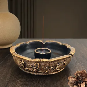 French vintage gold candle holder incense tray with floral relief and incense stick