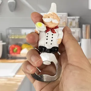 Creative chef figurine bottle opener made of resin and metal in a kitchen setting