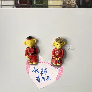 Imanes de resina 3D para nevera con diseño de osos de boda chinos sobre metal