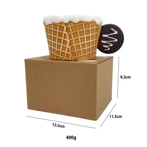 Detail of creative waffle ice cream cone ceramic mug with gift box dimensions shown