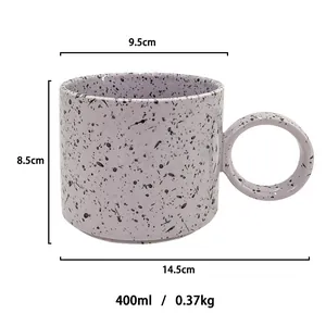Detailed size specifications for the lavender splatter ceramic mug with large ring handle